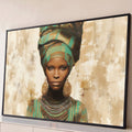 Quadro Decorativo Grande Mulher com Turbante para Sala Verde | quadros decorativos para sala | retrato de mulher com turbante verde e dourado, brincos e colar de contas | Porao dos Quadros