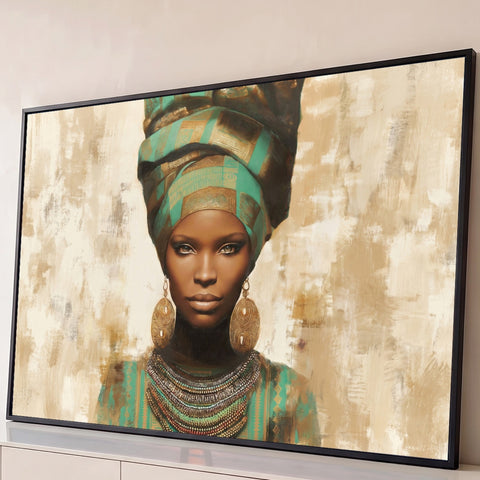 Retrato de mulher negra africana com turbante verde e dourado, brincos e colar de contas, quadro decorativo