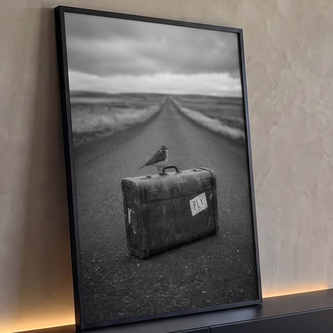 Pássaro pousado em mala antiga com adesivo Fly numa estrada deserta em preto e branco, quadro decorativo