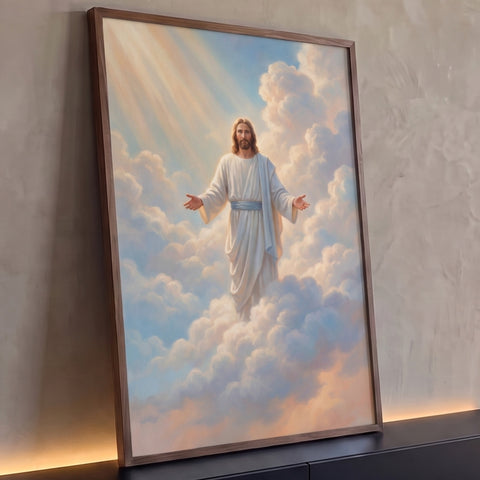 Quadro Decorativo Grande Jesus Cristo de Braços para Sala | quadros decorativos para sala | Jesus Cristo de túnica branca e braços abertos sobre nuvens com raios de luz | Porao dos Quadros