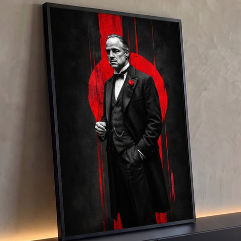 Homem de smoking estilo gangster com rosa vermelha na lapela e círculo vermelho ao fundo, quadro decorativo