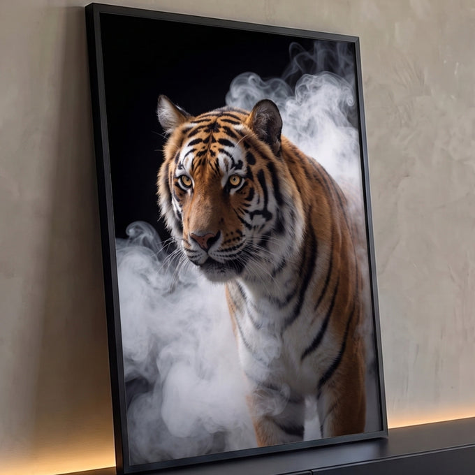 Tigre siberiano de olhos âmbar caminhando entre fumaça branca sobre fundo preto, quadro decorativo