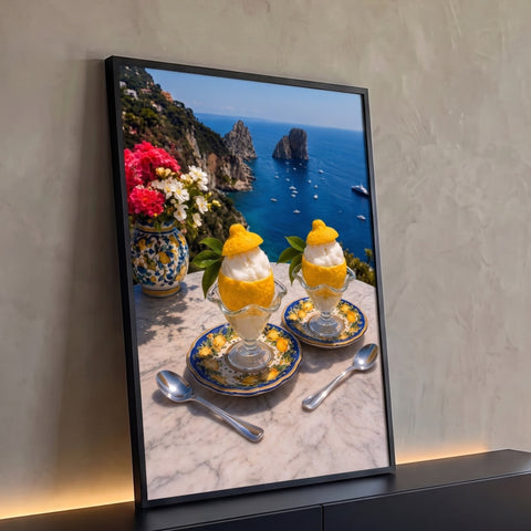 Sorvete de limão na casca sobre mesa de mármore com mar azul e rochedos de Capri ao fundo, quadro decorativo