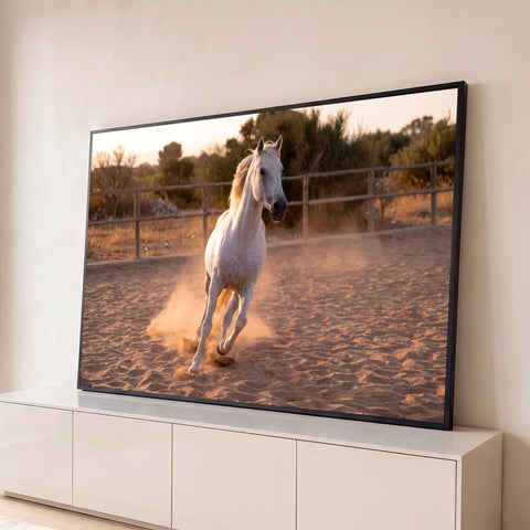 Cavalo branco galopando em picadeiro de areia com poeira dourada ao pôr do sol, quadro decorativo