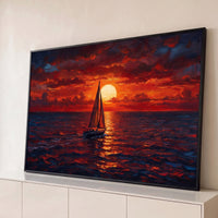 Quadro Decorativo Grande Barco Sol Poente para Sala Vermelho - Borda Infinita / 65x100cm