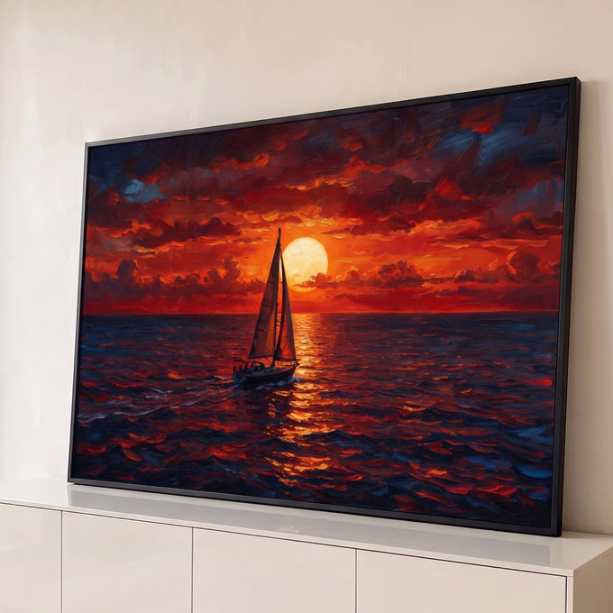 Quadro Decorativo Grande Veleiro Mar para Sala Vermelho | quadros decorativos para sala | veleiro navegando ao pôr do sol com céu vermelho e mar refletindo luz dourada | Porao dos Quadros