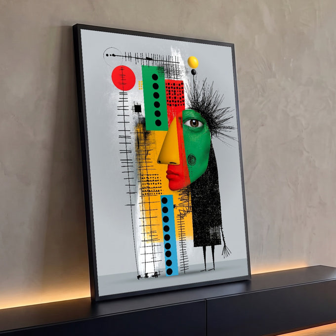 Quadro Decorativo Grande Rosto Cubista para Sala Verde | quadros decorativos para sala | rosto cubista de perfil em verde, vermelho e amarelo com formas geométricas coloridas | Porao dos Quadros