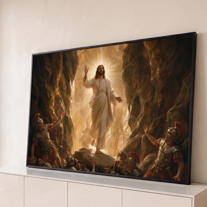 Quadro Decorativo Grande Ressurreição de Cristo para Sala | quadros decorativos para sala | Jesus Cristo em túnica branca emergindo em luz dourada entre soldados romanos numa caverna | Porao dos Quadros