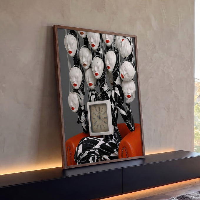 Figura arlequim com relógio, cabeças de manequim de lábios vermelhos e poltrona laranja, quadro decorativo