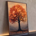 Quadro Decorativo Árvore de Outono em Tons Laranja e Dourado | quadros decorativos para sala | árvore solitária com folhagem laranja e dourada sobre céu brilhante ao entardecer | Porao dos Quadros