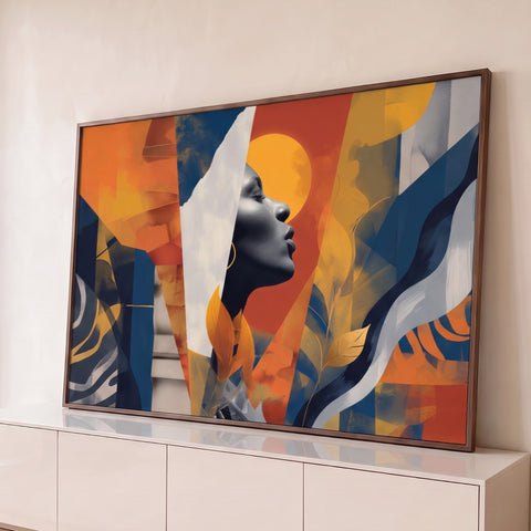 Perfil de mulher negra com brinco dourado, sol e folhas em colagem laranja e azul, quadro decorativo