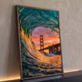 Tubo de onda turquesa emoldurando a ponte Golden Gate sob céu laranja ao pôr do sol, quadro decorativo