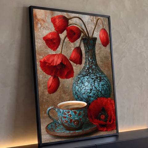Papoulas vermelhas em vaso turquesa craquelado com xícara de café sobre mesa rústica, quadro decorativo