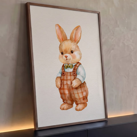 Coelhinho em aquarela com macacão xadrez marrom e gravata borboleta verde sobre fundo bege, quadro decorativo