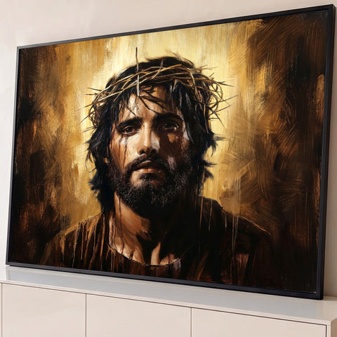 Jesus Cristo com coroa de espinhos e lágrimas de sangue em pintura a óleo marrom e dourada, quadro decorativo