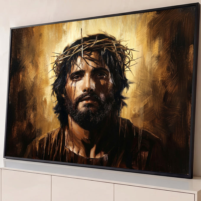 Quadro Decorativo Grande Jesus Paixão de Cristo para Sala | quadros decorativos para sala | retrato de Jesus Cristo com coroa de espinhos e lágrimas de sangue em fundo dourado | Porao dos Quadros