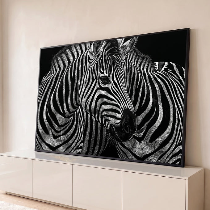 Quadro Decorativo Grande Duas Zebras para Sala Preto | quadros decorativos para sala | duas zebras entrelaçadas em preto e branco com listras detalhadas sobre fundo escuro | Porao dos Quadros