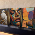 Quadro Decorativo Kit 3 Telas Águia Rosto para Sala Laranja | quadros decorativos para sala | águia branca, rosto feminino abstrato colorido e canoa em cânion ao pôr do sol | Porao dos Quadros