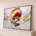 Bonsai de folhas vermelhas sobre lago azul entre nuvens em relevo e filetes dourados, quadro decorativo