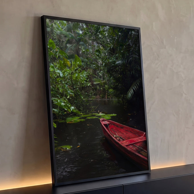 Quadro Decorativo Grande Canoa Vermelha para Sala Vermelho | quadros decorativos para sala | canoa vermelha flutuando em rio escuro cercado por floresta tropical densa | Porao dos Quadros