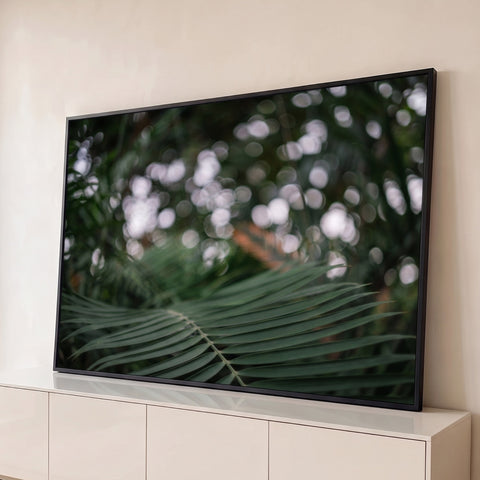 Folha de palmeira verde em primeiro plano com fundo de luzes desfocadas em bokeh, quadro decorativo