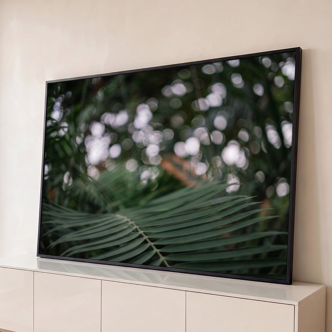 Quadro Decorativo Grande Folha de Palmeira Verde para Sala | quadros decorativos para sala | folha de palmeira verde em close com fundo desfocado em bokeh branco | Porao dos Quadros
