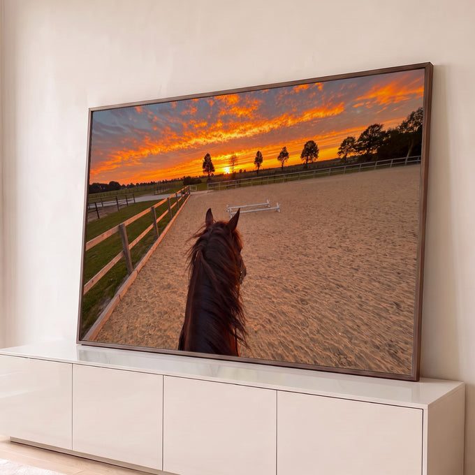 Quadro Decorativo Grande Cavalo Observando para Sala Laranja | quadros decorativos para sala | cavalo visto de costas observando pôr do sol laranja intenso em picadeiro | Porao dos Quadros