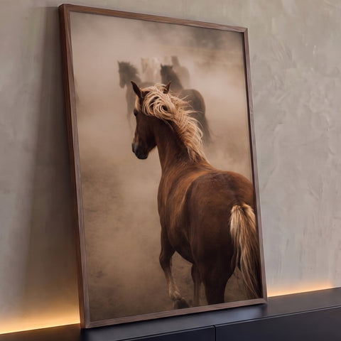 Cavalo castanho de crina loira galopando com a manada em meio à poeira, quadro decorativo