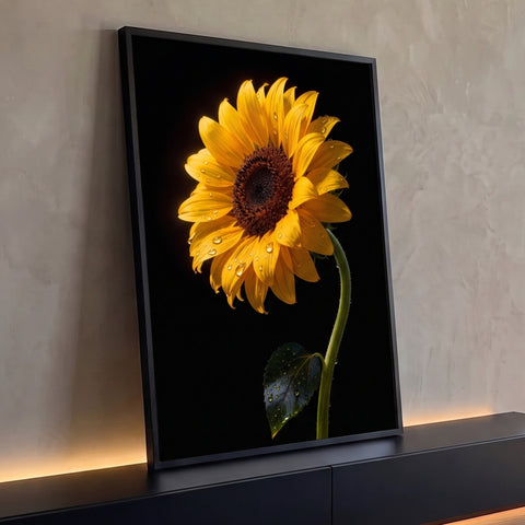 Girassol amarelo com gotas de água, caule verde curvo e folha em fundo preto, quadro decorativo