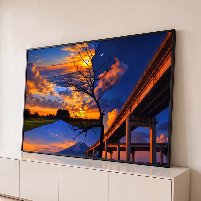 Céu de pôr do sol e noite estrelada com árvore seca, Monte Fuji e viaduto, quadro decorativo