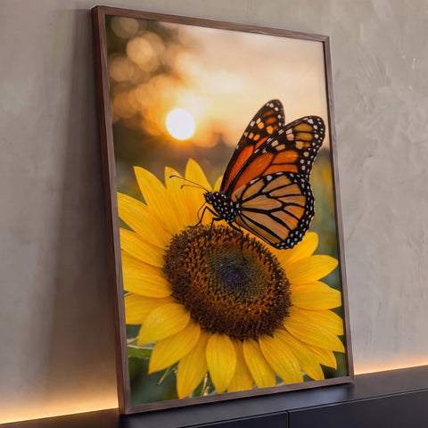 Borboleta monarca laranja pousada em girassol amarelo com sol se pondo ao fundo, quadro decorativo