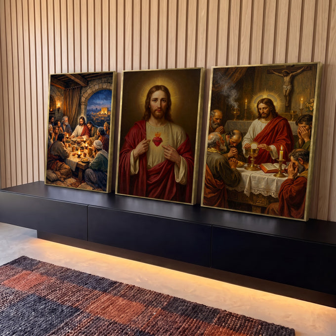 Quadro Decorativo Kit 3 Telas Última Ceia e Sagrado Coração | quadros decorativos para sala | tríptico de Jesus na Última Ceia, Sagrado Coração e Eucaristia em tons dourados | Porao dos Quadros