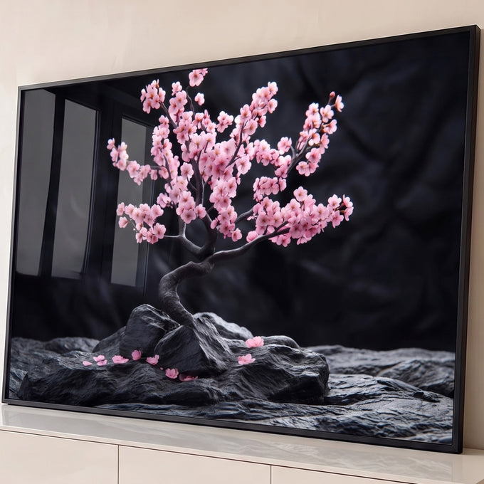 Bonsai de cerejeira com flores rosa sobre rochas negras e fundo preto, estilo japonês, quadro decorativo