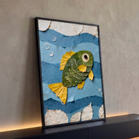 Quadro Decorativo Peixe Colagem de Folhas para Banheiro Azul - Borda Infinita / 100x65cm