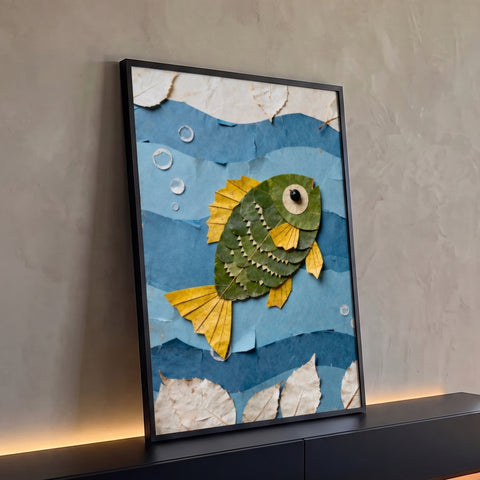 Peixe feito de folhas verdes e amarelas nadando entre ondas de papel azul com bolhas, quadro decorativo