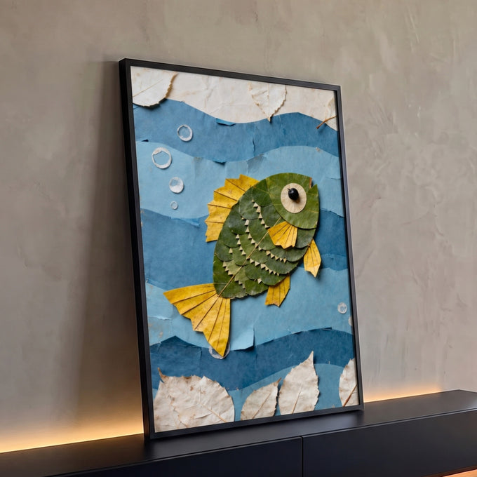 Peixe feito de folhas verdes e amarelas nadando entre ondas de papel azul com bolhas, quadro decorativo