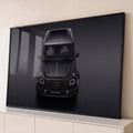 Quadro Decorativo Grande SUV Visto de Cima para Sala Preto | quadros decorativos para sala | SUV preto fosco visto de cima com faróis redondos acesos em fundo escuro | Porao dos Quadros