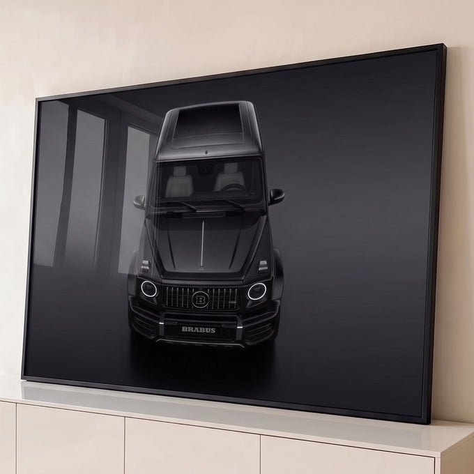 Quadro Decorativo Grande SUV Visto de Cima para Sala Preto | quadros decorativos para sala | SUV preto fosco visto de cima com faróis redondos acesos em fundo escuro | Porao dos Quadros