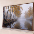Quadro Decorativo Grande Bétulas Douradas para Sala Branco | quadros decorativos para sala | fileira de bétulas com folhas douradas refletidas em rio enevoado no outono | Porao dos Quadros