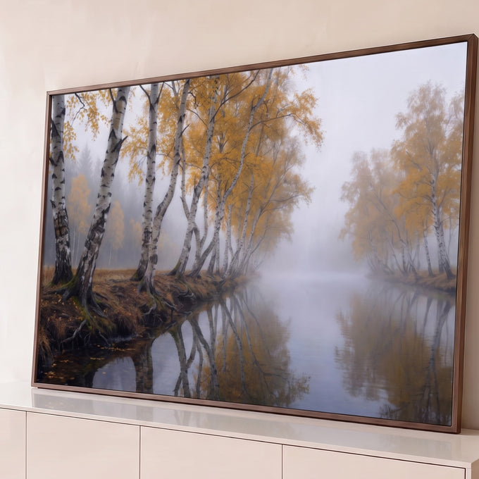 Quadro Decorativo Grande Bétulas Douradas para Sala Branco | quadros decorativos para sala | fileira de bétulas com folhas douradas refletidas em rio enevoado no outono | Porao dos Quadros