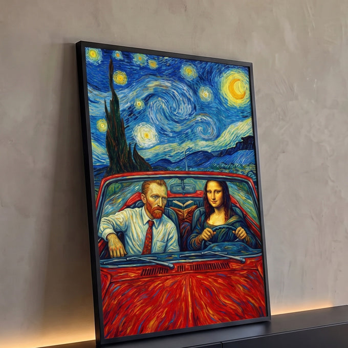 Quadro Decorativo Grande Van Gogh e Mona Lisa para Sala Azul | quadros decorativos para sala | homem e mulher estilo Van Gogh e Mona Lisa em carro vermelho sob céu estrelado | Porao dos Quadros