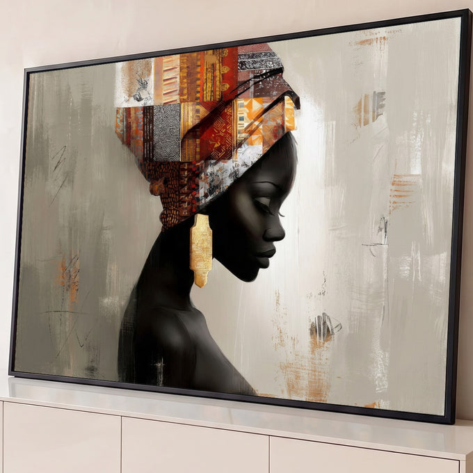 Quadro Decorativo Grande Mulher para Sala Marrom | quadros decorativos para sala | mulher africana em perfil com turbante colorido e brinco dourado em fundo neutro | Porao dos Quadros