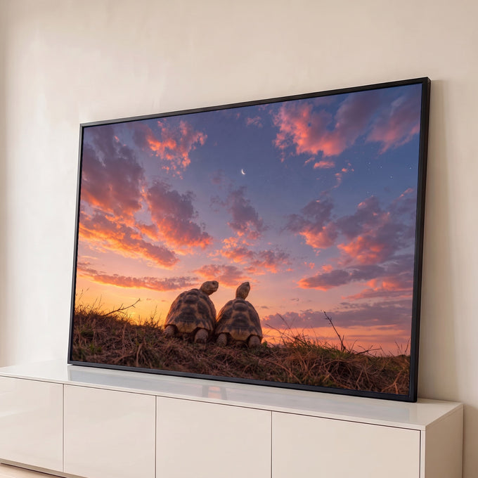 Duas tartarugas na grama olhando o céu laranja e rosa do entardecer com lua crescente, quadro decorativo