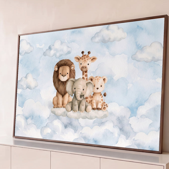 Leão, girafa, elefante e leopardo filhotes em aquarela sentados nas nuvens azuis, quadro decorativo