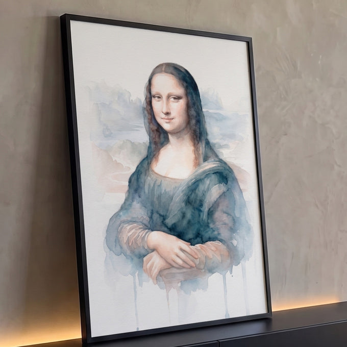Mona Lisa pintada em aquarela azul com tinta escorrida sobre fundo branco, quadro decorativo