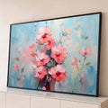Quadro Decorativo Grande Flores Rosas para Sala Rosa | quadros decorativos para sala | buquê de flores rosas e coral em textura de espátula sobre fundo azul pastel | Porao dos Quadros