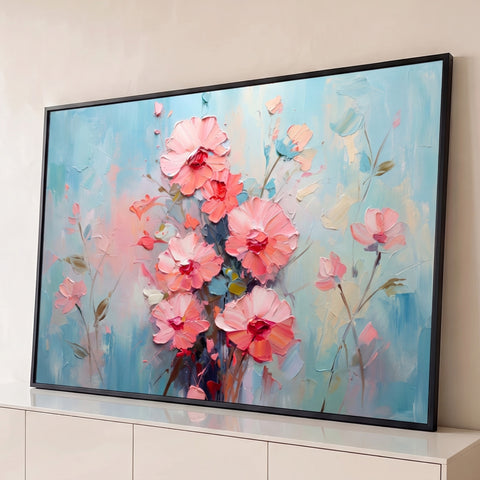 Flores rosas e coral pintadas a óleo com espátula sobre fundo azul pastel, quadro decorativo