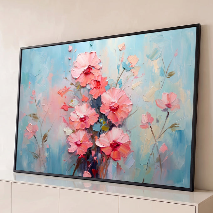 Quadro Decorativo Grande Flores Rosas para Sala Rosa | quadros decorativos para sala | buquê de flores rosas e coral em textura de espátula sobre fundo azul pastel | Porao dos Quadros