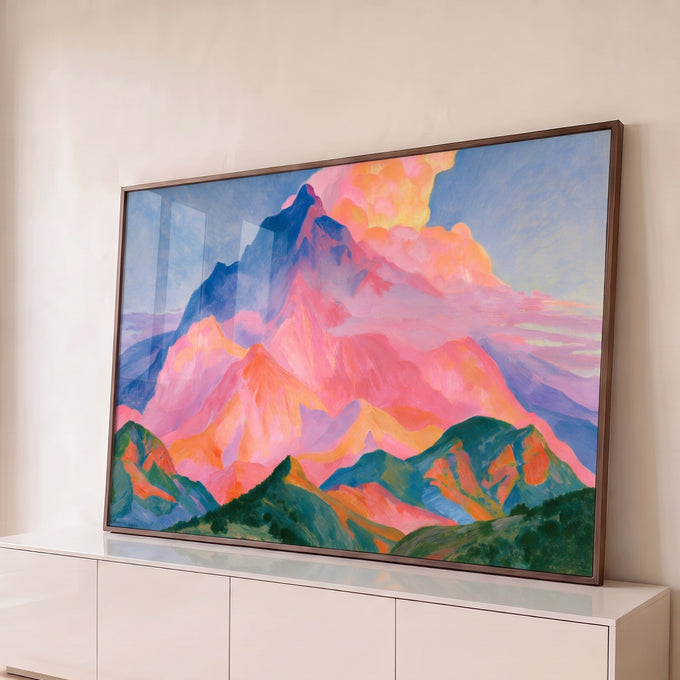 Quadro Decorativo Montanha Rosa e Azul ao Amanhecer | quadros decorativos para sala | pico montanhoso rosa e azul sob nuvens douradas em pintura colorida | Porao dos Quadros