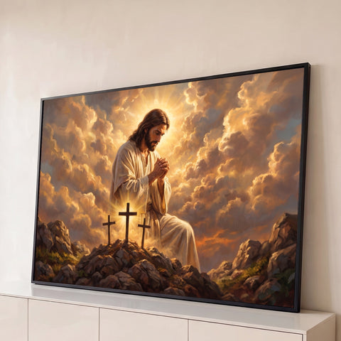 Jesus orando entre nuvens douradas e três cruzes iluminadas no monte, quadro decorativo